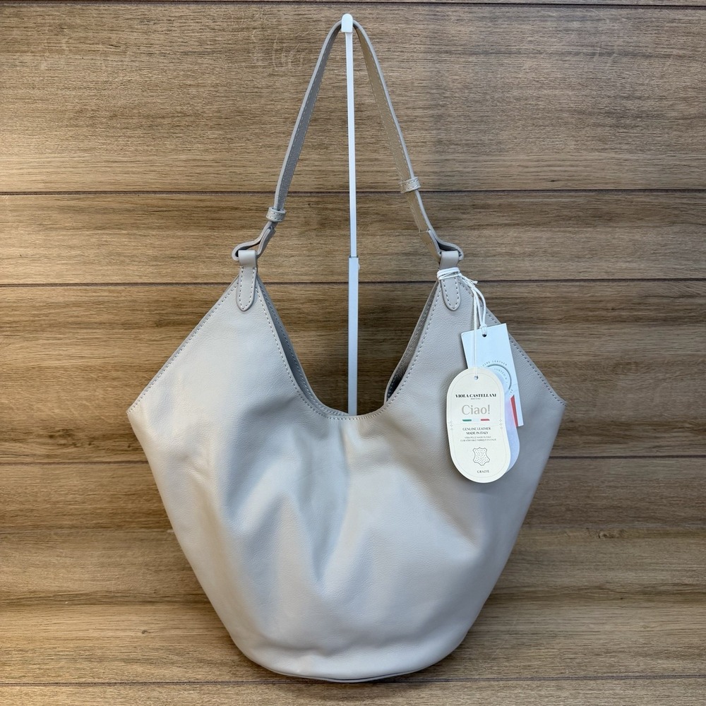 New Viola Castellani Italy Leather Hobo Shoulder Bucket Bag Pouch Granite Gray